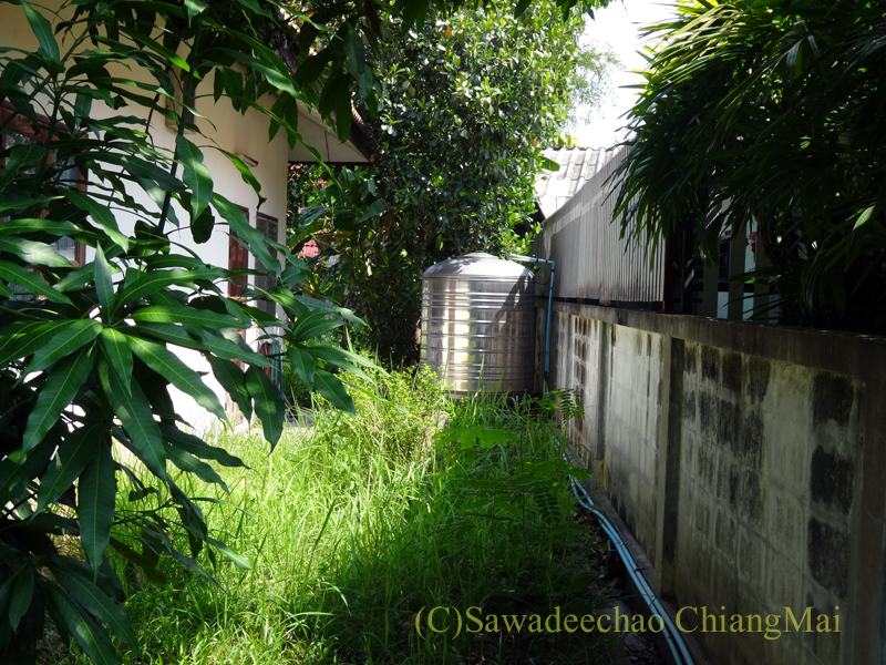 チェンマイ北部郊外の庭が広い一戸建ての建屋の横の庭