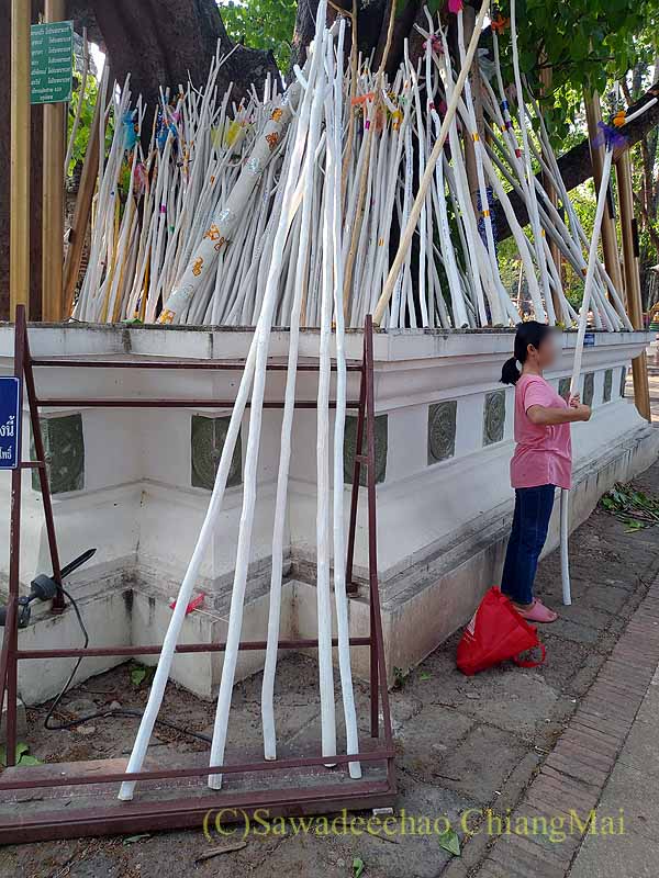チェンマイの寺院ワットチェットヨートに長い木を奉納する人